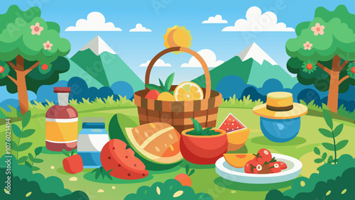 A colorful scene of a picnic with a basket full of fruit and a bottle of wine