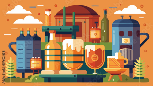 A colorful illustration of a brewery with a variety of beer glasses and bottles