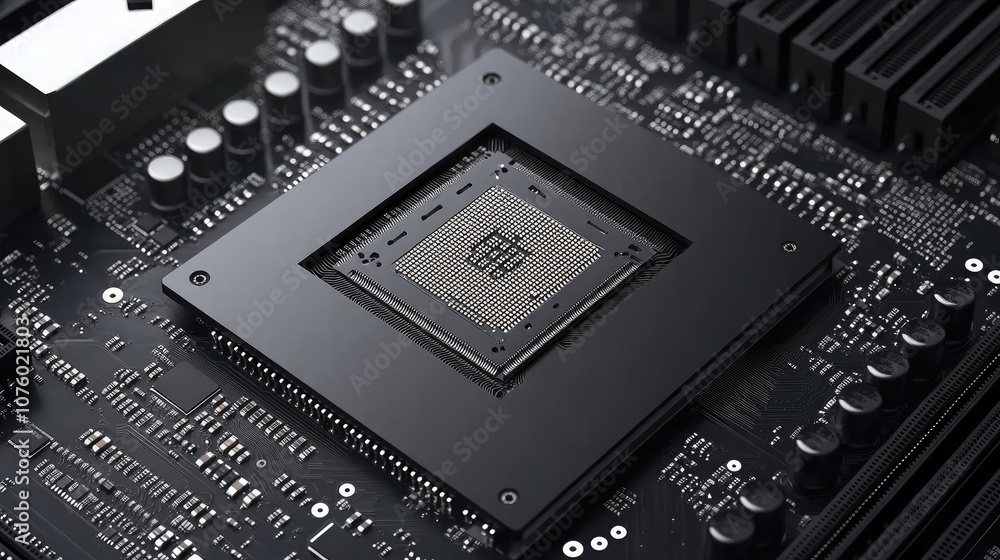 Close-Up View of a High-Performance Computer Processor on a Circuit Board with Detailed Background Showing Electronic Components and Connections Close-Up View of a High-Performance Computer Processor on a Circuit Board with Detailed Background Showing Electronic Components and Connections