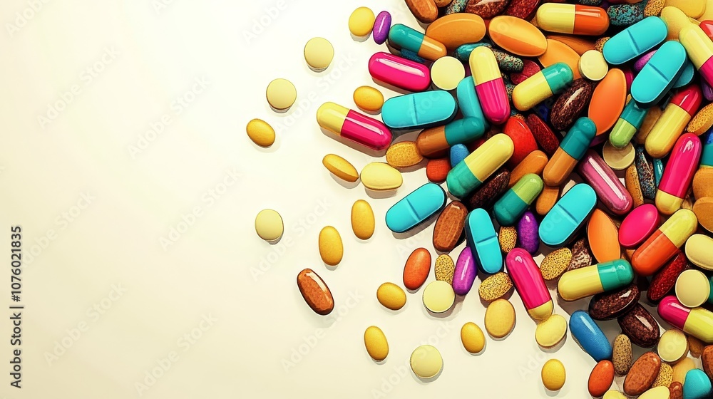 Colorful Pills and Capsules Scattered on White Background Colorful Pills and Capsules Scattered on White Background