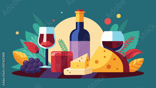 A colorful drawing of a table with a bottle of wine, a glass of wine