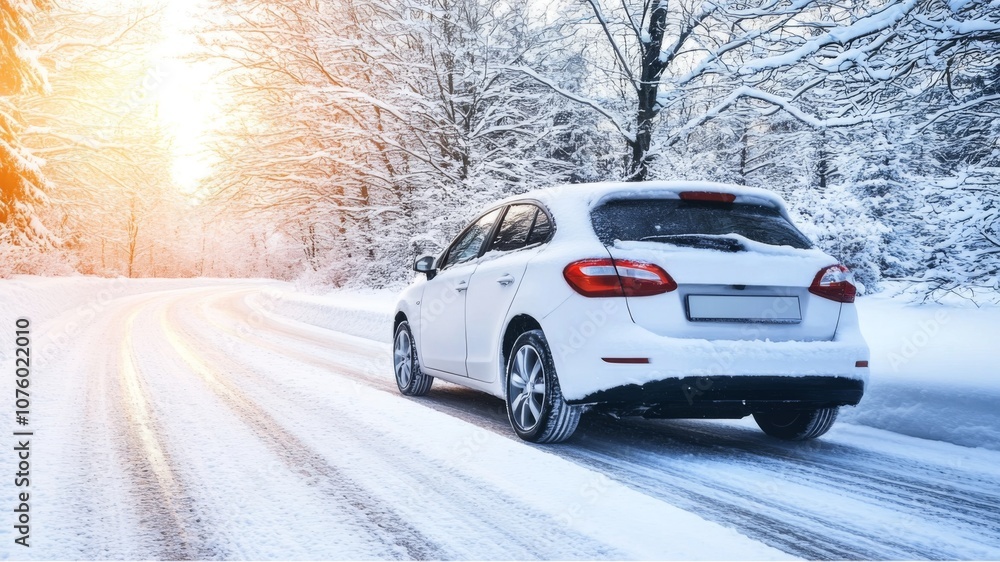 White Car Driving on a Snow-Covered Winding Road in a Winter Forest White Car Driving on a Snow-Covered Winding Road in a Winter Forest
