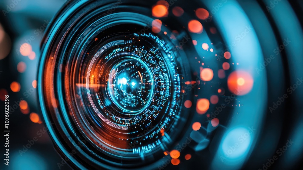 Close-Up View of a Camera Lens with Glowing Elements and Bokeh Effects, Highlighting the Intricacies of Photography Technology and Optical Design Close-Up View of a Camera Lens with Glowing Elements and Bokeh Effects, Highlighting the Intricacies of Photography Technology and Optical Design