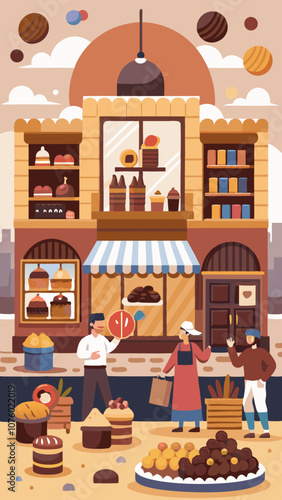 A drawing of a bakery with a man and woman standing outside