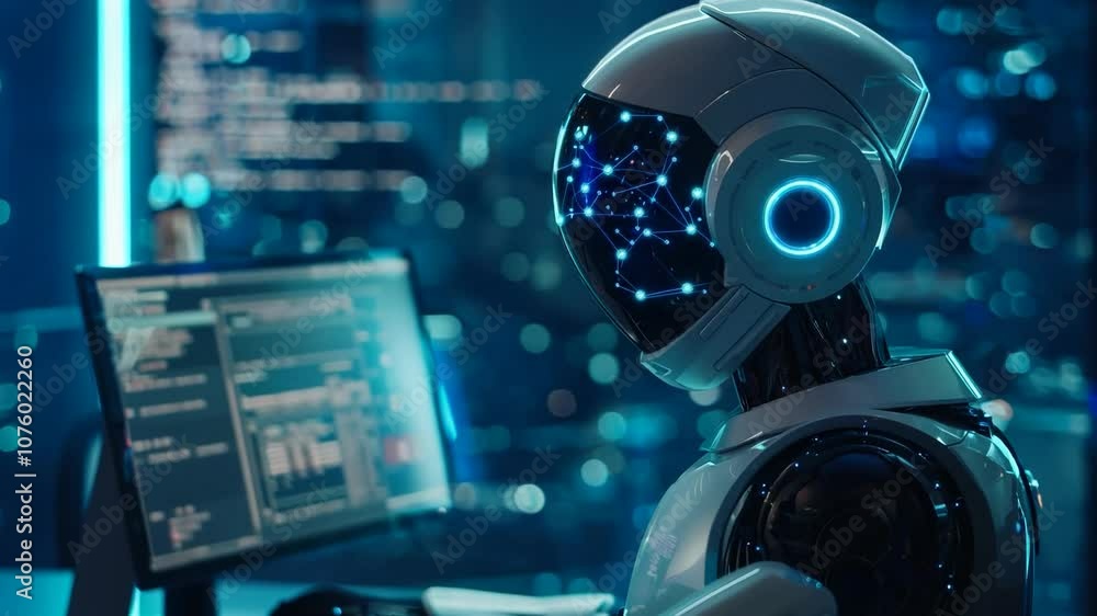 In a modern workspace, a humanoid robot focuses intently on its computer, analyzing complex data while illuminated by glowing city lights at night, showcasing advanced technology and intelligence. In a modern workspace, a humanoid robot focuses intently on its computer, analyzing complex data while illuminated by glowing city lights at night, showcasing advanced technology and intelligence.