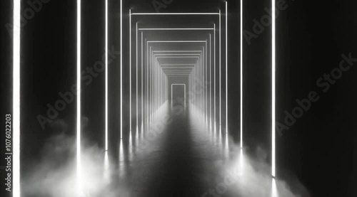 Dark tunnel scene with white neon lines, Camera slow motion with different angles