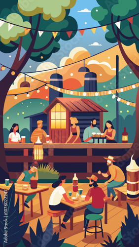 A group of people are gathered around a table in a forest setting
