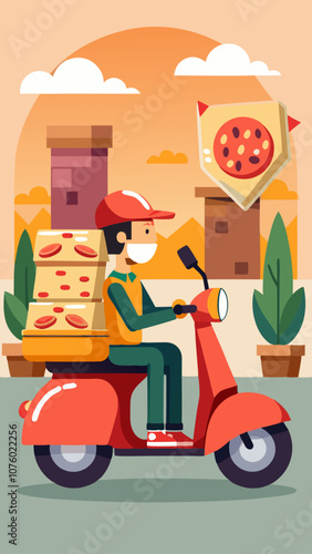 A man in a red helmet is riding a red scooter with a pizza box on the back