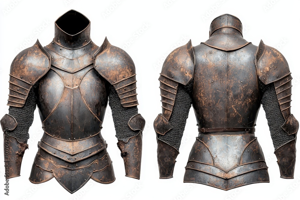 Medieval Knight Armor Front and Back Rusty Steel Chainmail Isolated Medieval Knight Armor Front and Back Rusty Steel Chainmail Isolated