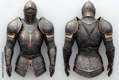 Medieval Knight Armor Front and Back View Gold Accents Chainmail Helmet 3D Render