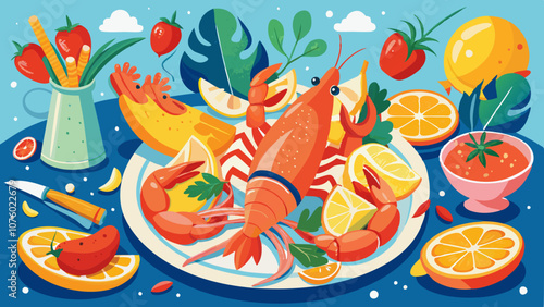 A plate of food with a crab on it and a vase of flowers in the background