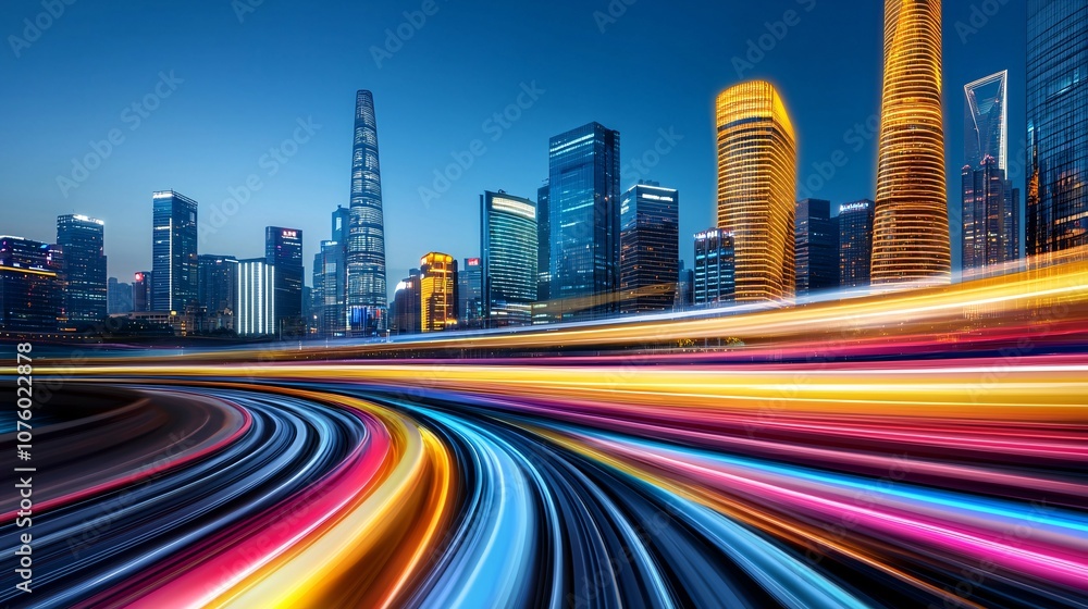 Vibrant Night Cityscape with Colorful Light Trails Vibrant Night Cityscape with Colorful Light Trails
