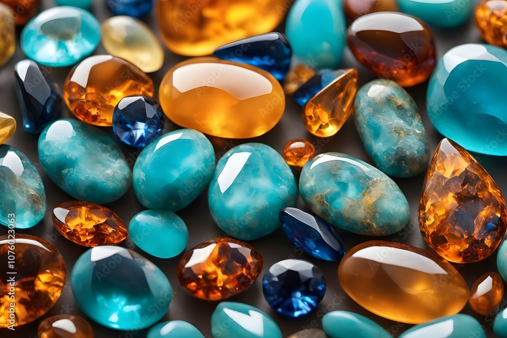Vibrant gemstones of various sizes in shades of turquoise amber and sapphire glowing softly, Ai Generated Vibrant gemstones of various sizes in shades of turquoise amber and sapphire glowing softly, Ai Generated