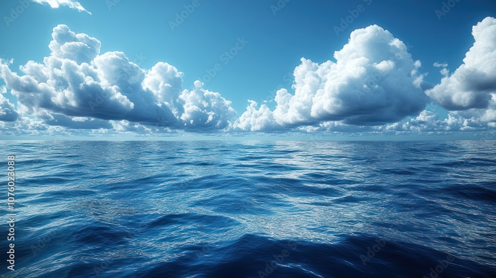 Fototapeta premium Tranquil ocean scene with blue waters and fluffy clouds above.