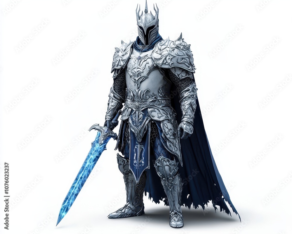Fantasy Knight in Ornate Armor with Blue Energy Sword White Background Fantasy Knight in Ornate Armor with Blue Energy Sword White Background