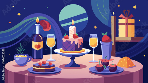A table with a cake, wine glasses, and other food items