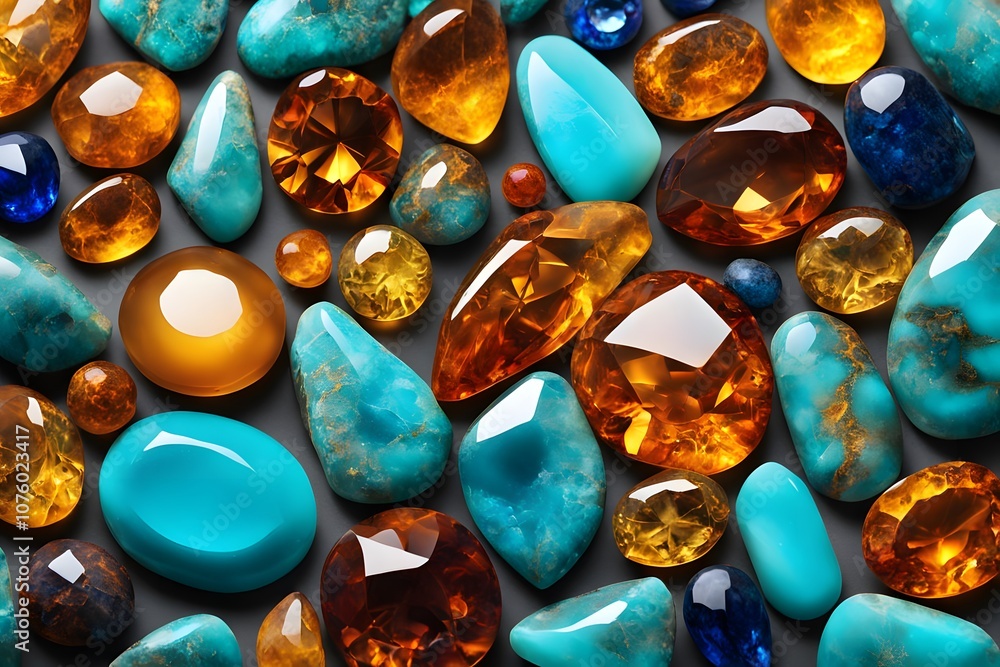 Vibrant gemstones of various sizes in shades of turquoise amber and sapphire glowing softly, Ai Generated Vibrant gemstones of various sizes in shades of turquoise amber and sapphire glowing softly, Ai Generated