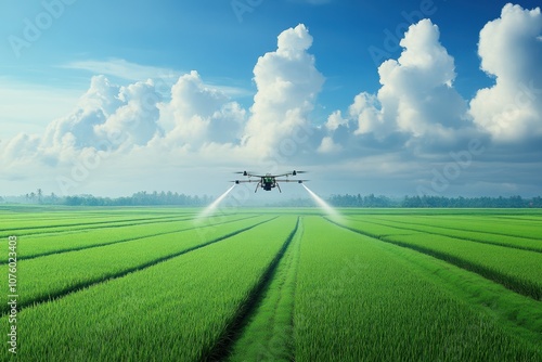 Drone Flying Over Lush Green Fields	 photo