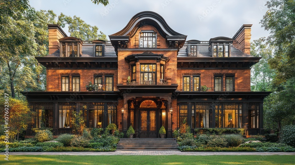 Elegant brick mansion surrounded by lush greenery and gardens. Elegant brick mansion surrounded by lush greenery and gardens.