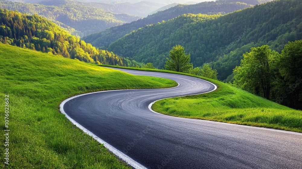 A winding road through lush green hills under a clear sky, inviting exploration and travel. A winding road through lush green hills under a clear sky, inviting exploration and travel.
