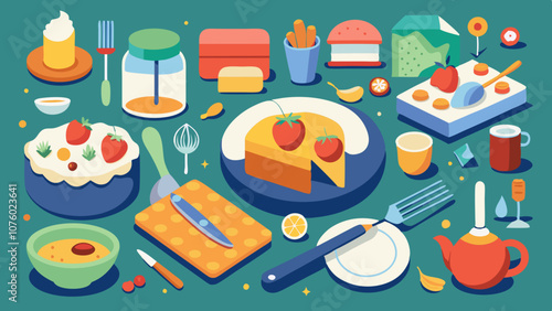 A colorful illustration of a table full of food and utensils