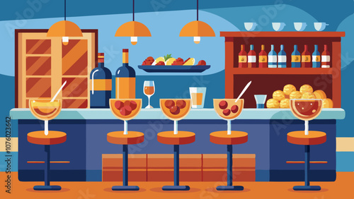 A colorful bar with a variety of drinks and snacks