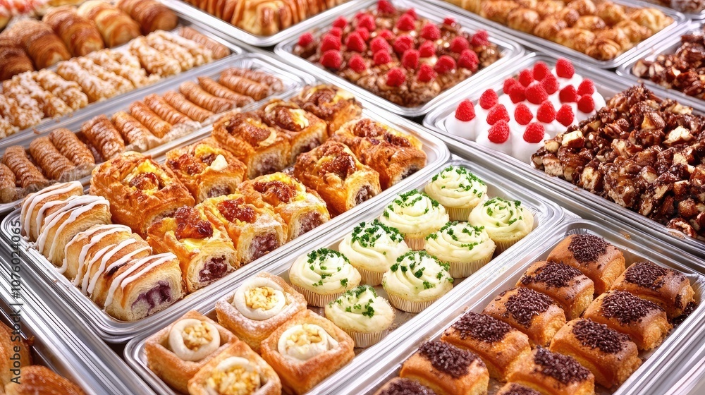 Assorted Freshly Baked Pastries and Sweets Displayed in Metal Trays at a Bakery Showcase, Featuring Croissants, Rolls, Cupcakes, and Fruit Toppings Assorted Freshly Baked Pastries and Sweets Displayed in Metal Trays at a Bakery Showcase, Featuring Croissants, Rolls, Cupcakes, and Fruit Toppings