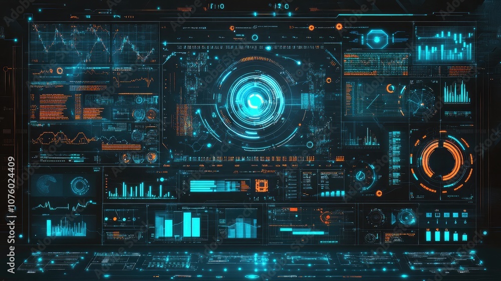 Futuristic Data Visualization Dashboard with Neon Interface and Digital Analytics Features, Displaying Graphs, Charts, and Real-Time Metrics for Technology and Business Use Futuristic Data Visualization Dashboard with Neon Interface and Digital Analytics Features, Displaying Graphs, Charts, and Real-Time Metrics for Technology and Business Use