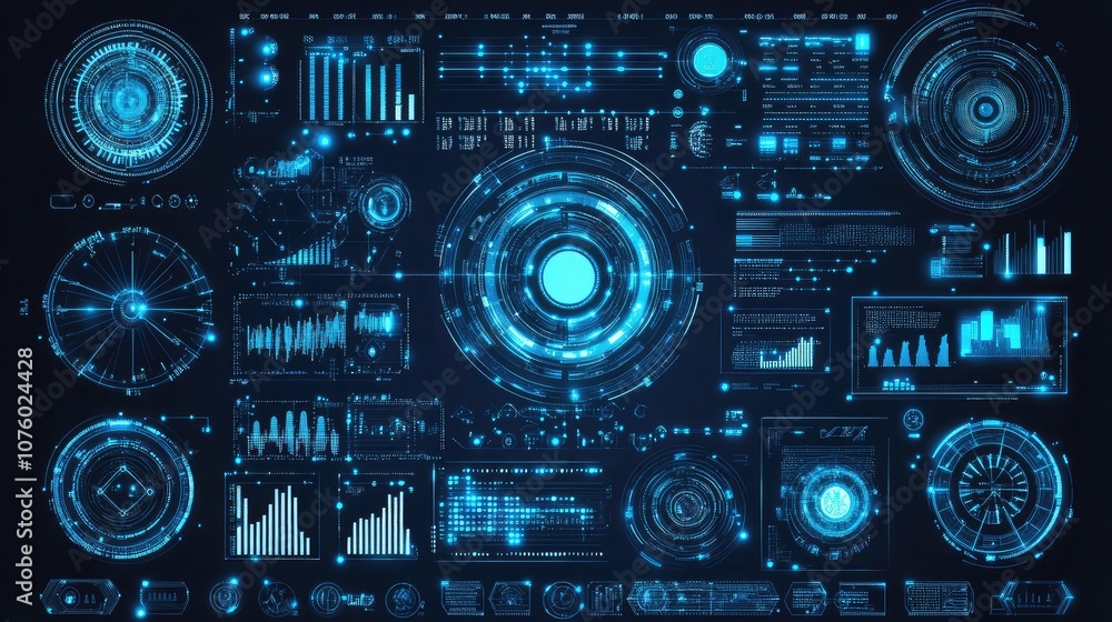 Futuristic Data Visualization Interface with Digital Graphs, Circles, Charts, and Analytical Elements in a Sleek Neon Blue Design for Technology and Innovation Futuristic Data Visualization Interface with Digital Graphs, Circles, Charts, and Analytical Elements in a Sleek Neon Blue Design for Technology and Innovation