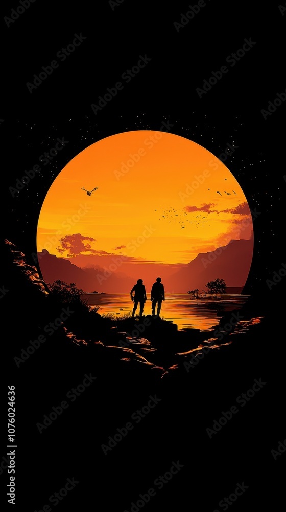 Silhouettes Against Giant Orange Sunset Silhouettes Against Giant Orange Sunset