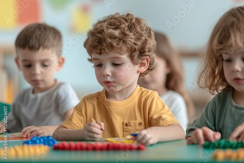 Children engaged in a playful learning activity, using colorful counting beads on a table in a bright classroom setting.