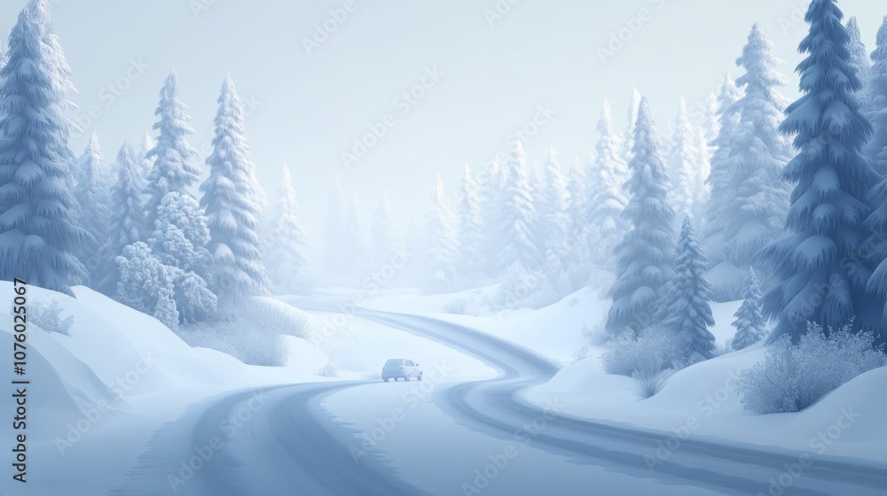 Naklejka premium A Single Car Driving Through a Snowy Forest Road