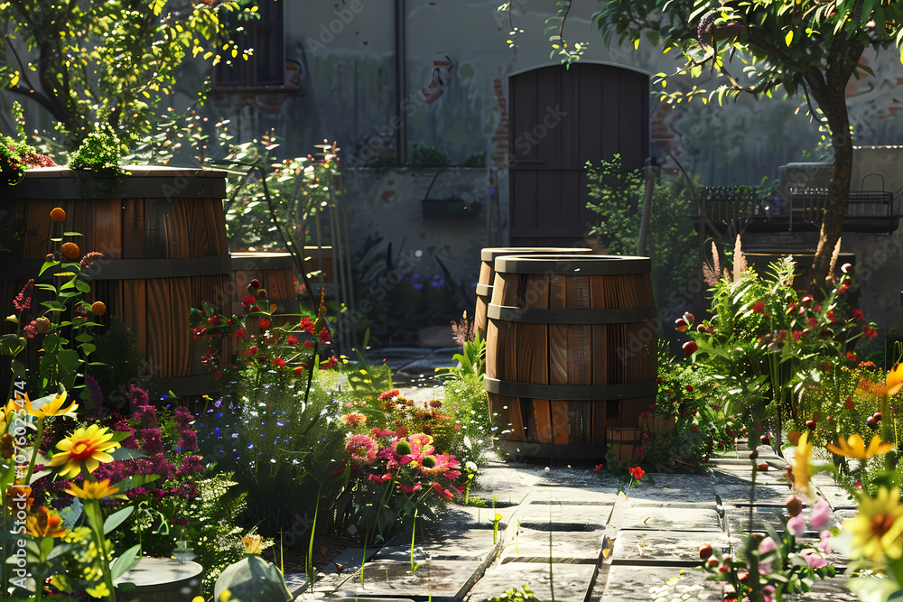 A serene garden scene featuring wooden barrels surrounded by vibrant flowers, creating a peaceful atmosphere in a sun-drenched setting. A serene garden scene featuring wooden barrels surrounded by vibrant flowers, creating a peaceful atmosphere in a sun-drenched setting.