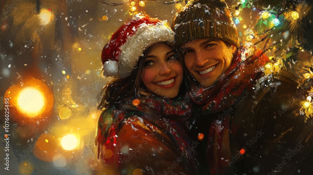 A Couple Embracing Under Christmas Lights in the Snow A Couple Embracing Under Christmas Lights in the Snow