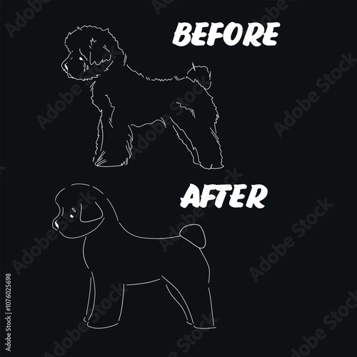 dog groomer showing before and after. Hand drawn style vector design illustrations.