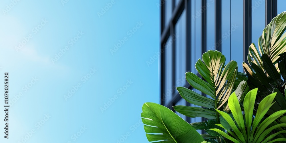 Obraz premium A modern building corner with lush green foliage against a clear blue sky, creating a vibrant and refreshing urban atmosphere.