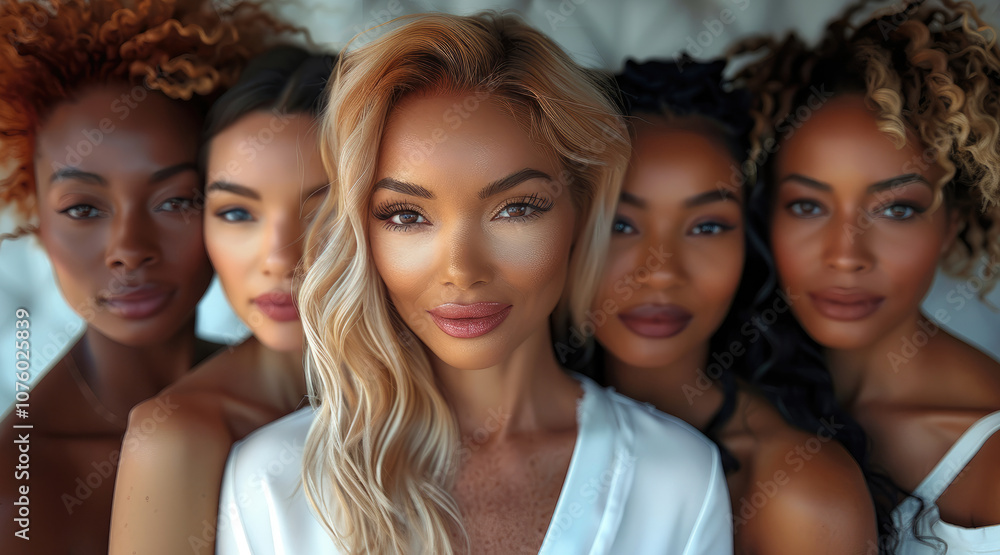 Fototapeta premium A diverse group of women of different skin tones and races posing together for a skincare ad campaign, Concept skincare Ad diverse, Women Inclusive Beauty, Multicultural Campaign, Group Portraits.