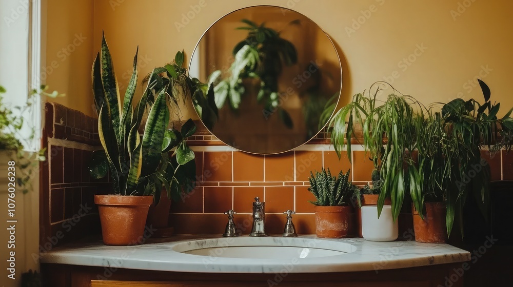 Serene Bathroom Oasis with Indoor Plants and Circular Mirror Reflecting Natural Light in Cozy Environment Serene Bathroom Oasis with Indoor Plants and Circular Mirror Reflecting Natural Light in Cozy Environment