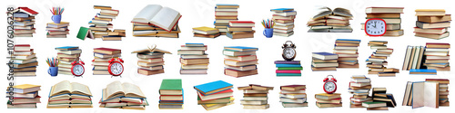 a stack of books isolated on a transparent background. education and literature concept. library of paper books and textbooks with colored hard covers. a large collection.