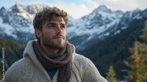 A man with curly hair wearing a knitted sweater and scarf looks up at snowy mountains.