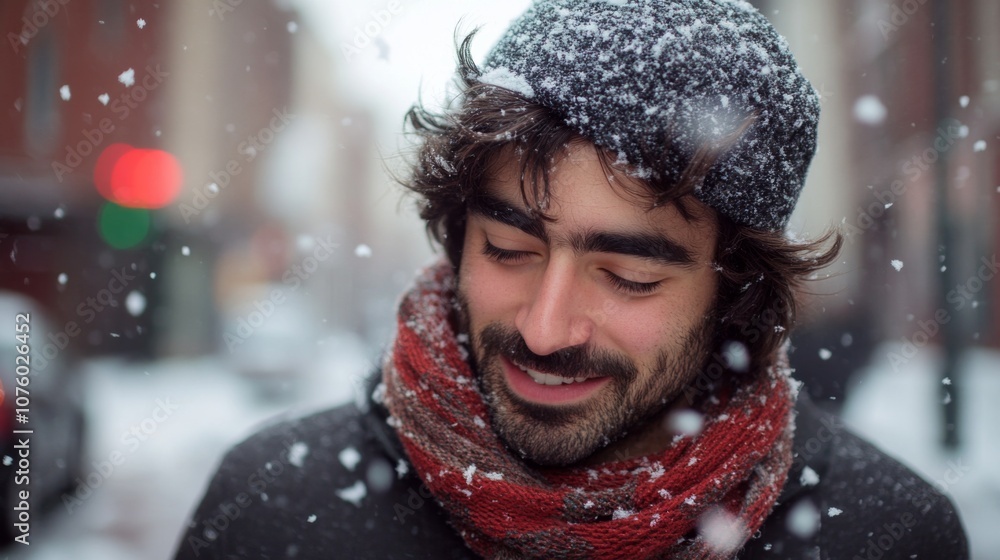 Man Smiling in Falling Snow Wearing a Red Scarf and Black Beanie Man Smiling in Falling Snow Wearing a Red Scarf and Black Beanie