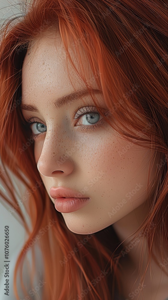 A girl 28 years old, with red long hair and gray eyes, on a white background. A girl 28 years old, with red long hair and gray eyes, on a white background.