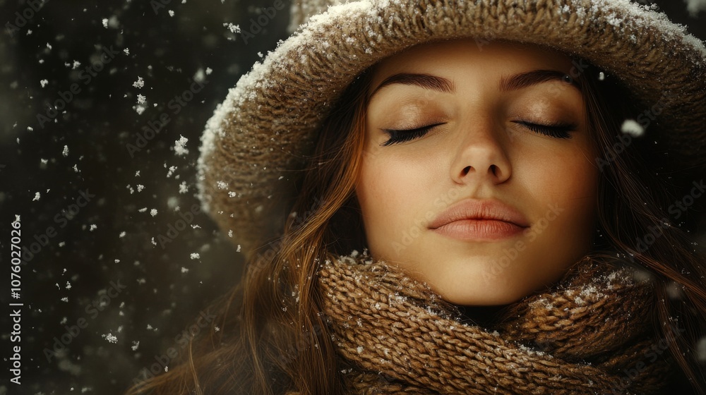 Close-up of a woman's face with eyes closed, wearing a knitted hat and scarf, with snowflakes falling around her Close-up of a woman's face with eyes closed, wearing a knitted hat and scarf, with snowflakes falling around her