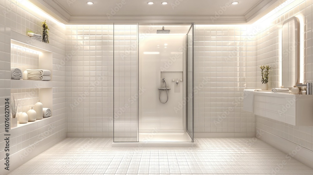 Modern and Minimalist Bathroom Design Featuring Glass Shower, Sleek Fixtures, and Bright White Tile Accents for a Clean and Inviting Atmosphere Modern and Minimalist Bathroom Design Featuring Glass Shower, Sleek Fixtures, and Bright White Tile Accents for a Clean and Inviting Atmosphere