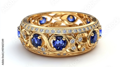 Gold Ring with Blue Sapphires and Diamonds