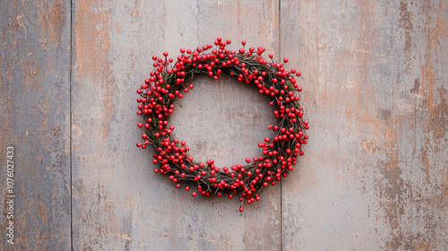 A beautiful red berry wreath hanging against a rustic wooden background.