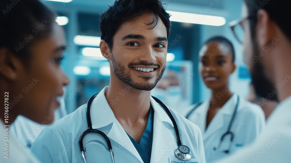 Smiling medical team in blue-lit hospital Smiling medical team in blue-lit hospital
