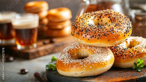 Weekend brunch special bakery flyers with bagels and coffee, casual and inviting vibe.