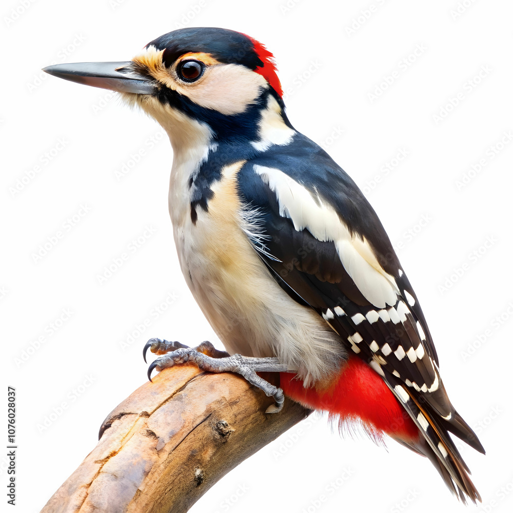 A striking woodpecker perched against a white background. A striking woodpecker perched against a white background.
