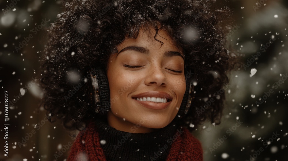 A Woman Smiling With Closed Eyes in Falling Snow, Wearing Headphones A Woman Smiling With Closed Eyes in Falling Snow, Wearing Headphones